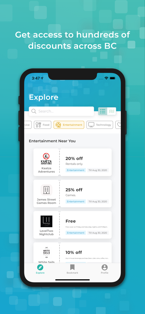 Deals - Die Oberfläche der Angebots-App zeigt eine Liste von Unterhaltungsangeboten für Studenten in British Columbia, einschließlich Angeboten für Mietspiele und Nachtclubs.