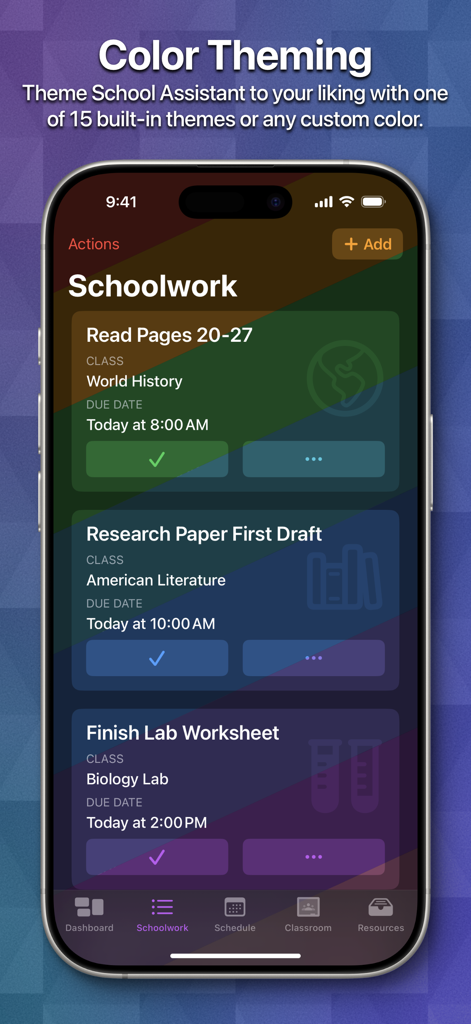 iPhone screen showing School Assistant app Schoolwork section with a rainbow color theme and a list of academic assignments