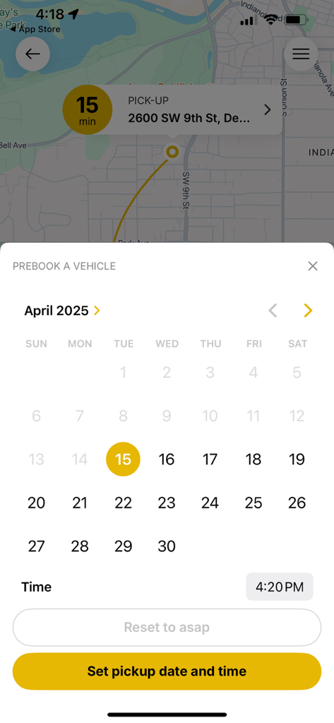 Yellow Cab Co - Yellow Cab Co mobile app interface for scheduling a taxi pickup in Des Moines showing a calendar and time picker