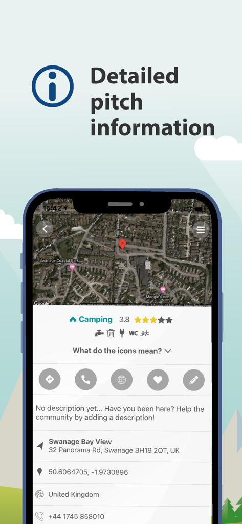 Caravanya - Caravanya app interface showing detailed campsite information including satellite map amenities and address