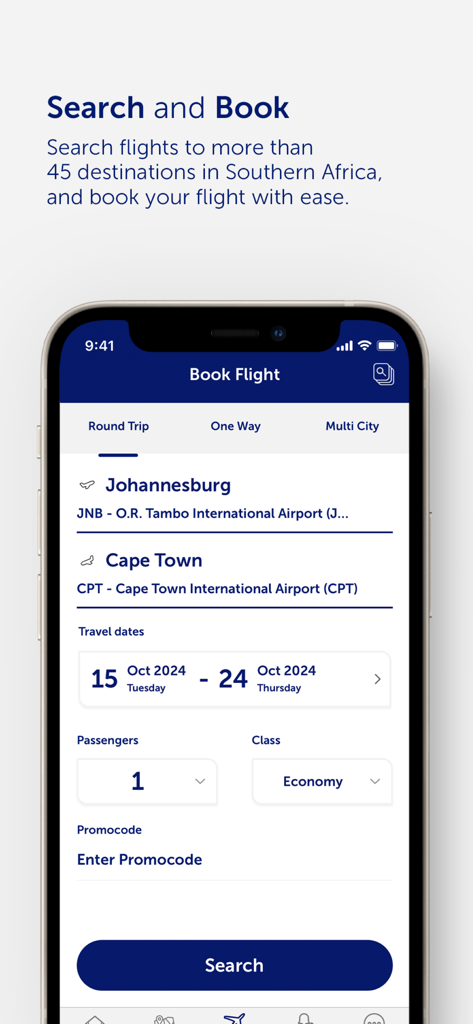 Fly Airlink app screen for searching and booking flights from Johannesburg to Cape Town