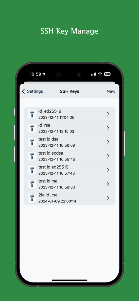Interface of the Xany app showing a list of managed SSH keys for secure server connections.