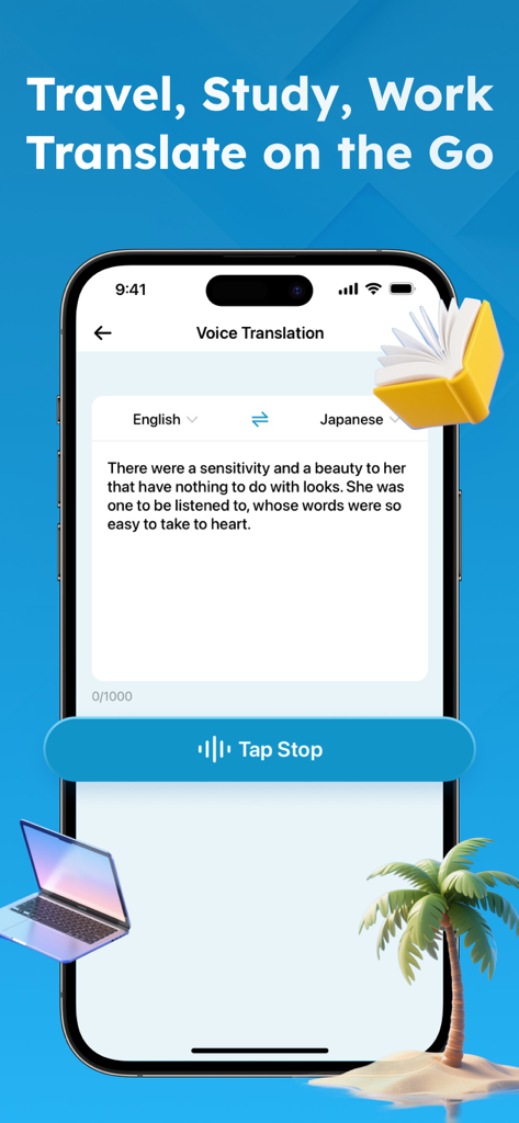 Live Talk Translator mobile app showing voice translation from English to Japanese