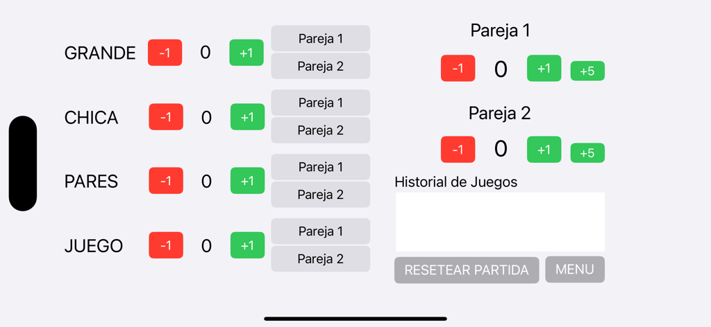 Cuenta Mus - La interfaz de puntuación de la aplicación Cuenta Mus para seguir los puntos en las fases de Grande Chica Pares y Juego para dos equipos