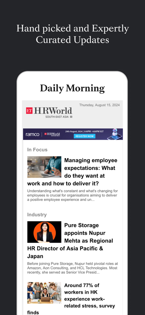 Un écran de smartphone montrant le fil d'actualités RH quotidien organisé de l'application ETHRSEA et des mises à jour professionnelles pour la région d'Asie du Sud-Est.