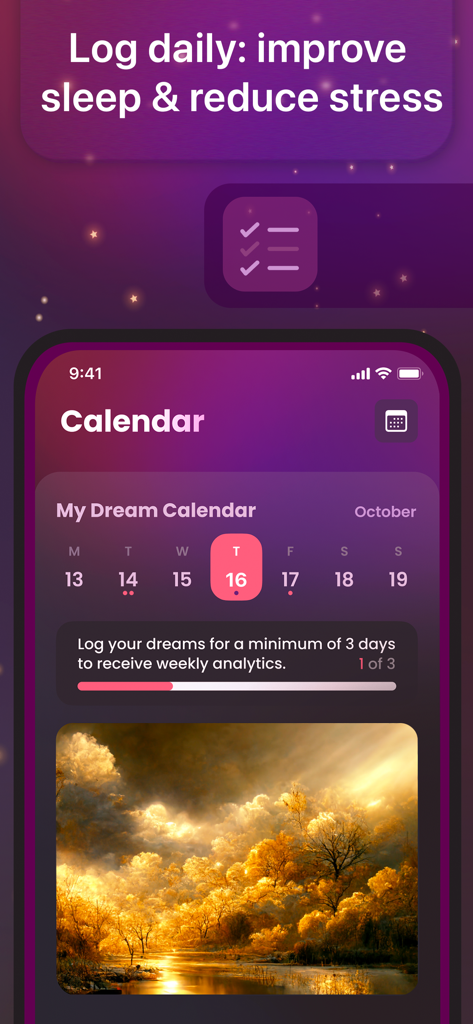 Dream Book: Journal & Analysis - Interfaz de la aplicación Dream Book que muestra un calendario de sueños y arte generado por IA para el registro diario.