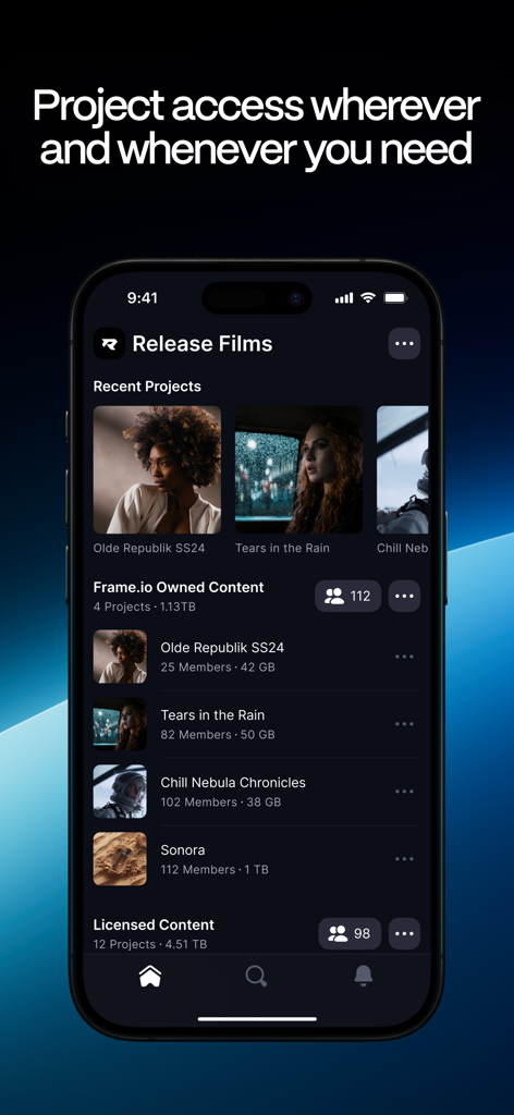 The Frame.io mobile app dashboard showing a list of film projects and storage details on an iPhone.