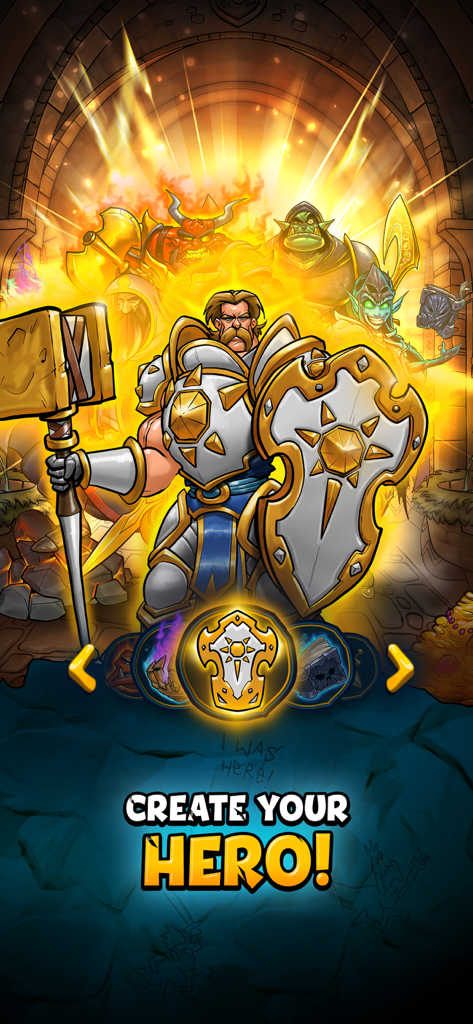 Shakes and Fidget: Idle RPG - Character creation screen in Shakes and Fidget Idle RPG showing a satirical comic style armored knight and fantasy characters.