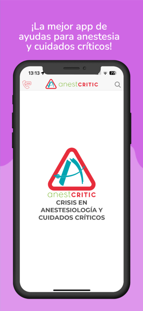 Smartphone displaying the AnestCRITIC mobile app home screen for anesthesia and critical care crisis management