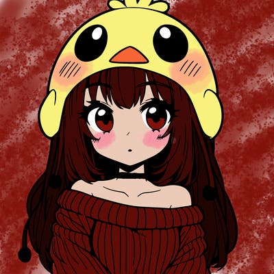 anime girl with chick shaped hat with sweater with bare shoulders with bangs covering them one eye with low tail
