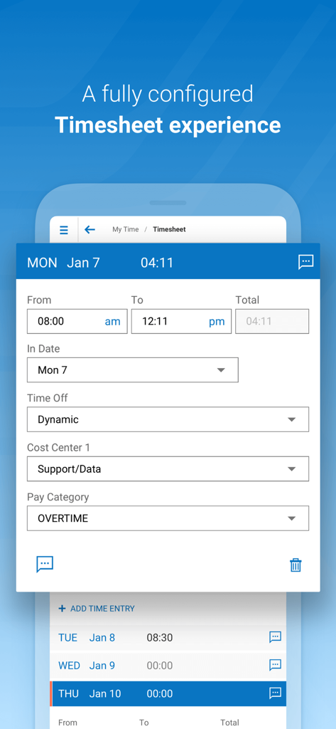 Aplicativo HCMToGo mostrando um folha de ponto móvel para rastrear horas de trabalho dos funcionários.