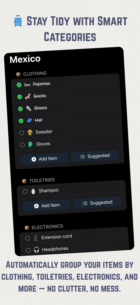 Captura de tela do aplicativo TripList mostrando itens de viagem organizados em categorias inteligentes como roupas e artigos de higiene pessoal para uma viagem ao México