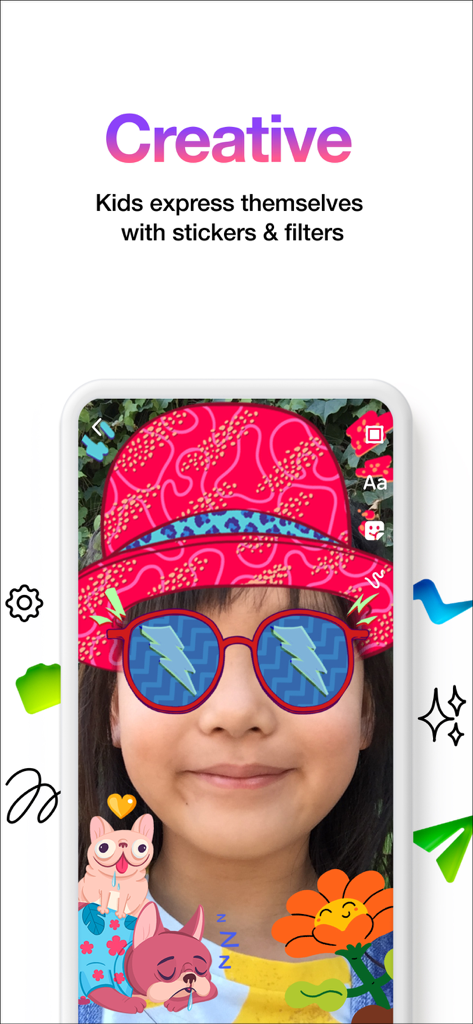 Messenger Kids interface showing a child using AR filters and creative stickers.