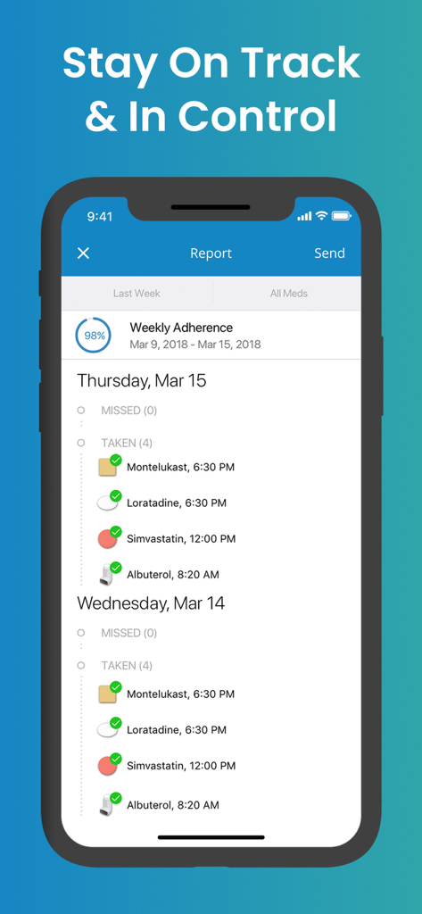 Medisafe Medication Management - Medisafe-App wöchentlicher Adhärenzbericht zeigt eine Liste der eingenommenen Medikamente und eine Erfolgsquote von achtundneunzig Prozent
