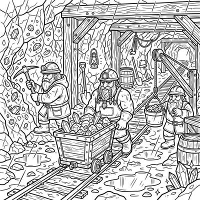 Delve into a subterranean world with this dynamic coloring page featuring sturdy dwarf miners hard at work. Experience the atmospheric beauty of a rainy day deep within the gem-filled caverns.