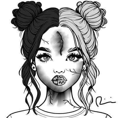 realistic girl with two buns in hair and lips