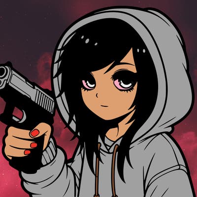 emo girl wearing a hoodie with a gun, pointing it