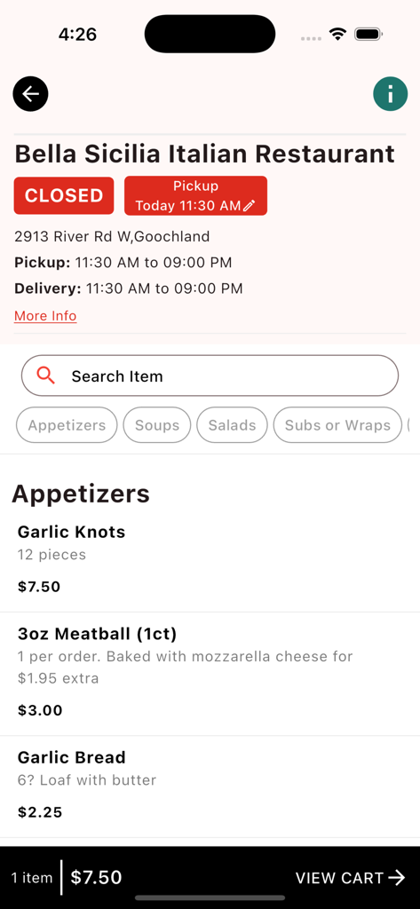 Bella Sicilia - Restaurant - Menu screen of Bella Sicilia Italian Restaurant app showing appetizers and prices
