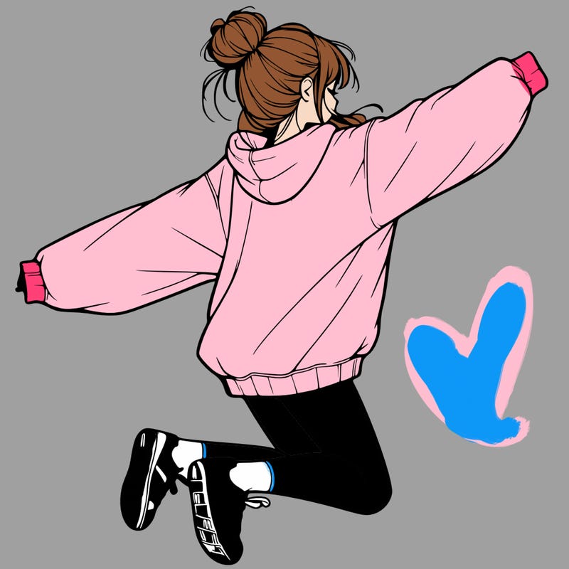 realistic girl jumping with a bun and oversized sweatshirt