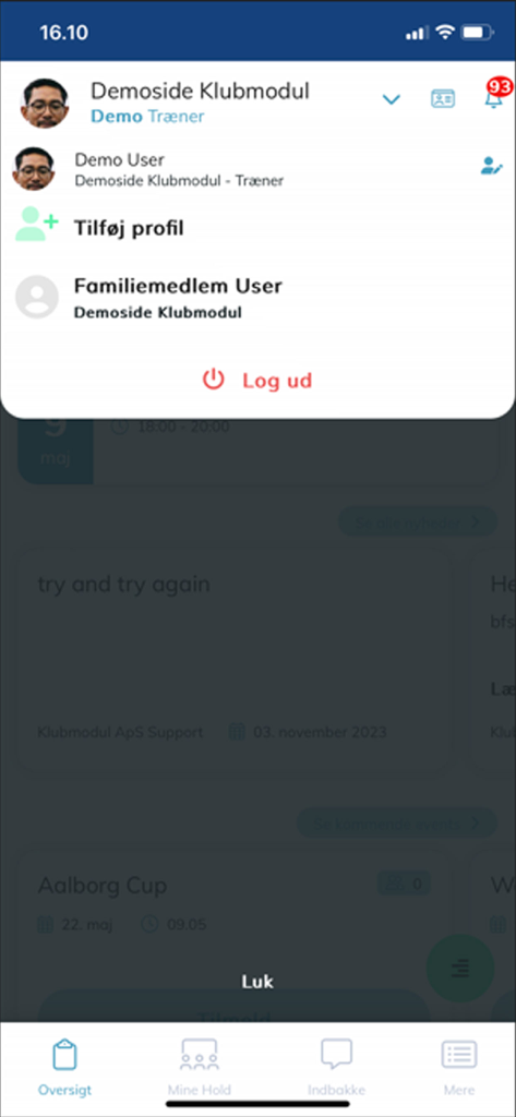 Benutzerprofilverwaltungsbildschirm in der Klubmodul Sportverein App mit mehreren Kontoprofilen