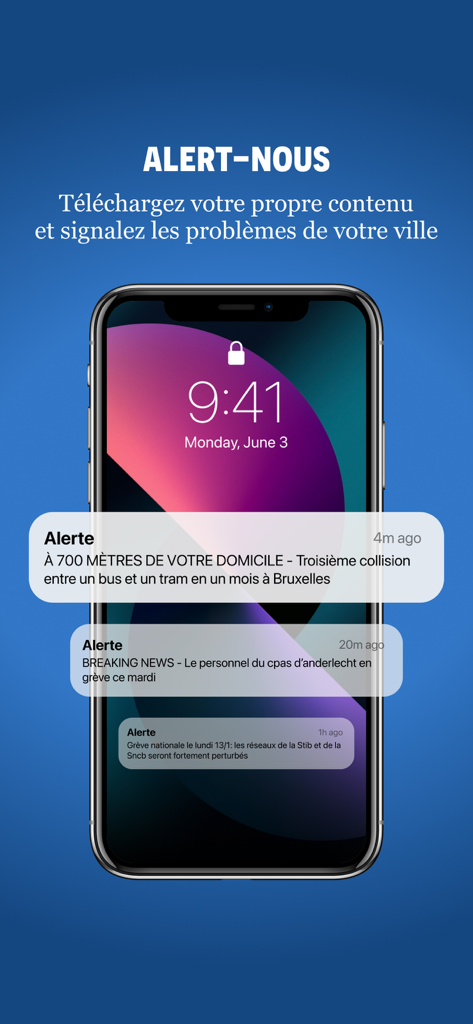 BruxellesToday - App BruxellesToday che mostra notizie locali in tempo reale e avvisi della community sulla schermata di blocco di un iPhone