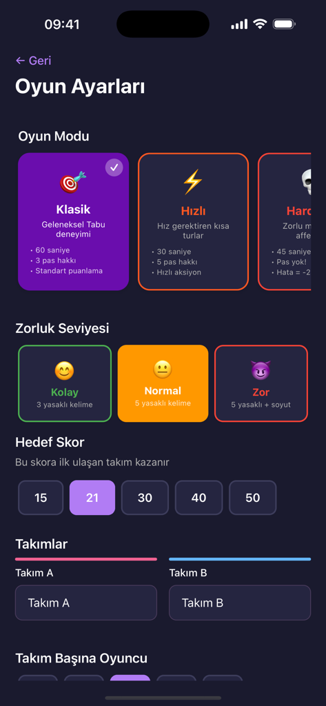 Tabu - Kelime Oyunu - Pantalla de configuración del juego para Tabu Kelime Oyunu que muestra modos de juego, niveles de dificultad y configuraciones de equipo