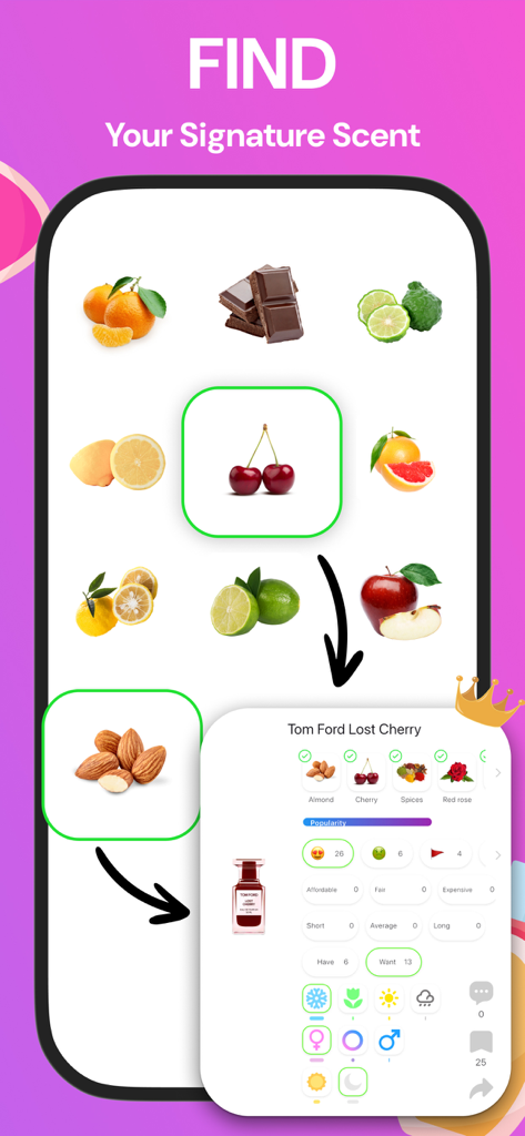 Fragram • Perfume Finder - Fragram mobile app interface showing scent note selection for cherry and almond and a detailed fragrance profile for Tom Ford Lost Cherry.