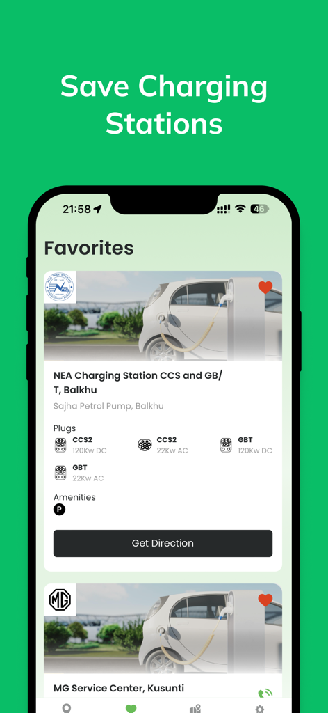 Charging Stations Nepal - Mobile app interface showing a list of favorite EV charging stations in Nepal with plug types and navigation buttons.
