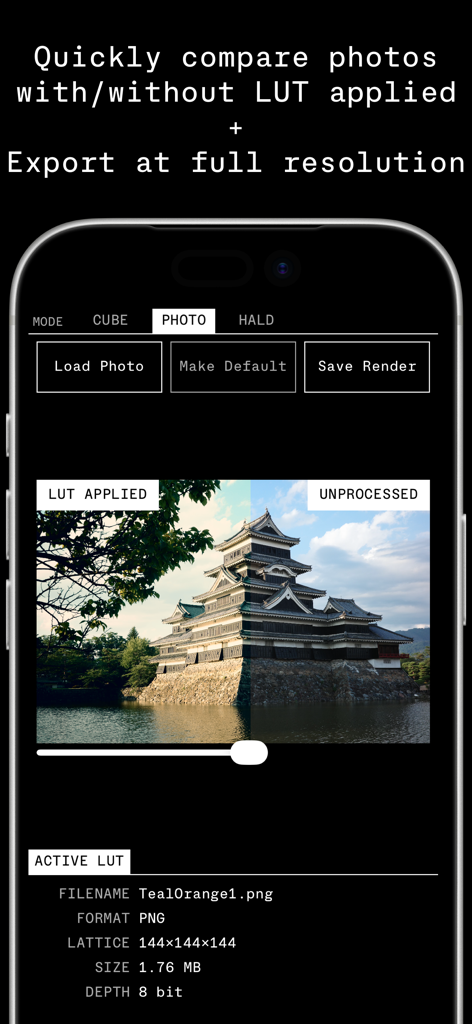 LUT Lab - A split-screen comparison in the LUT Lab app showing a photo of a Japanese castle with and without a LUT applied