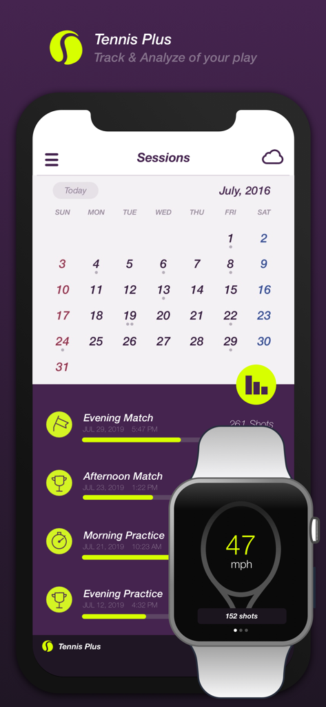 Tennis Plus mobile app sessions screen with calendar history and Apple Watch swing speed analysis