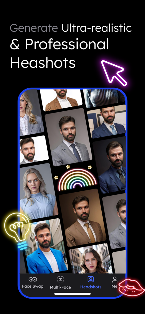 AI-generated professional headshots for men and women displayed in the Vidqu app interface