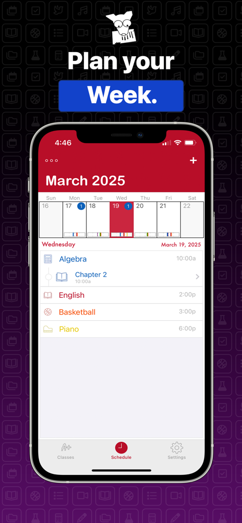 iPhone-Bildschirm mit einem Wochenkalender und täglichem Stundenplan für Studenten
