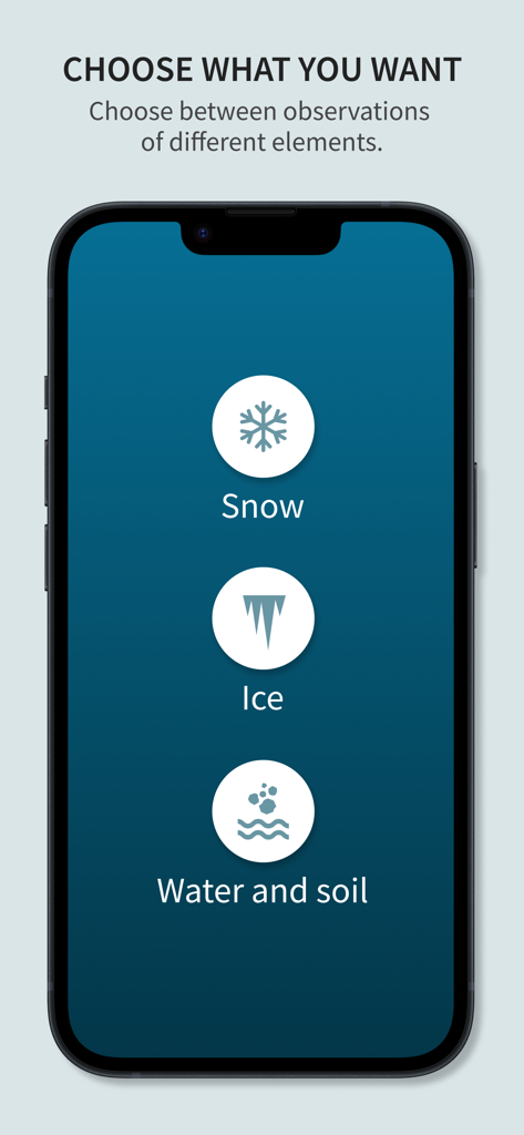Varsom - Varsom app menu to choose between snow ice and water and soil observations