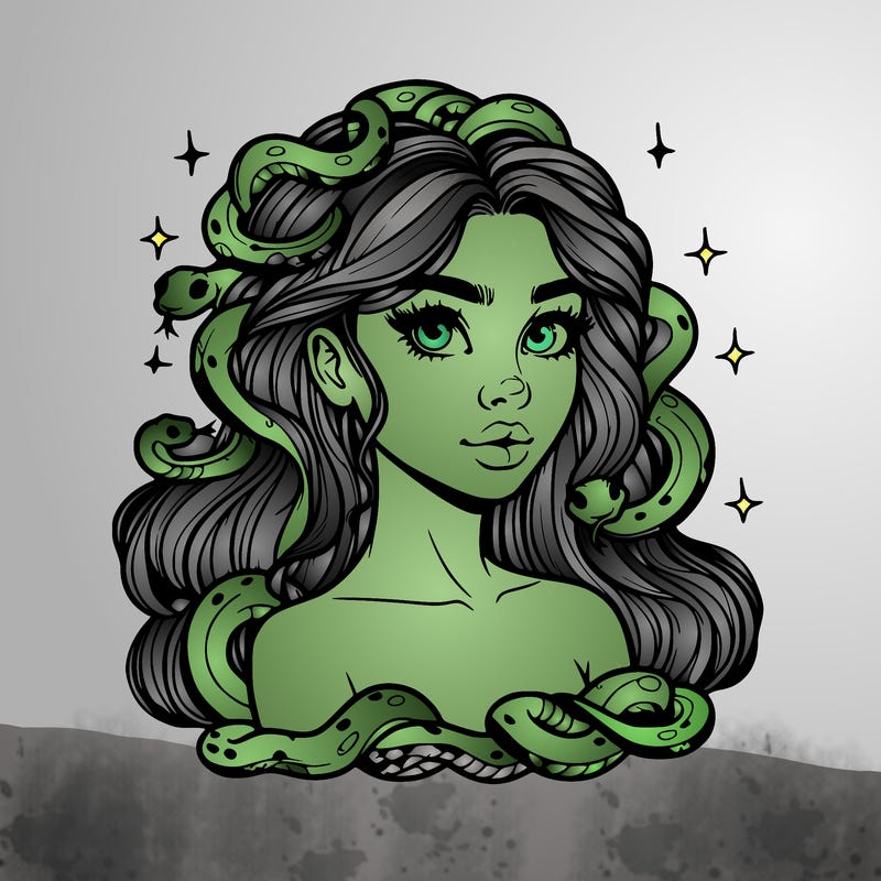 realistic girl with snakes as hair