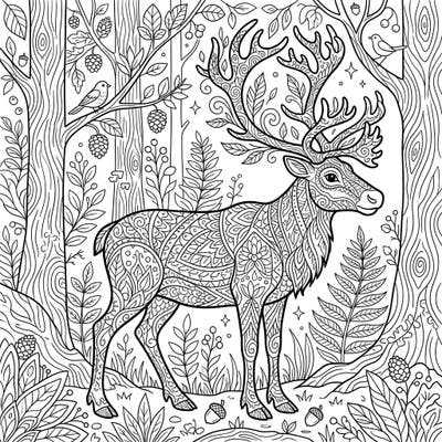 Unwind and get creative with this stunning adult coloring page featuring an intricately patterned forest reindeer. Immerse yourself in a detailed woodland scene designed for mindful relaxation and artistic expression.