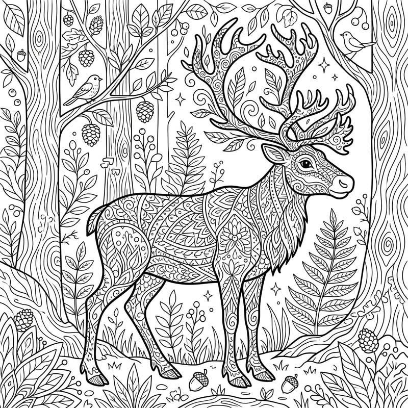 Unwind and get creative with this stunning adult coloring page featuring an intricately patterned forest reindeer. Immerse yourself in a detailed woodland scene designed for mindful relaxation and artistic expression.