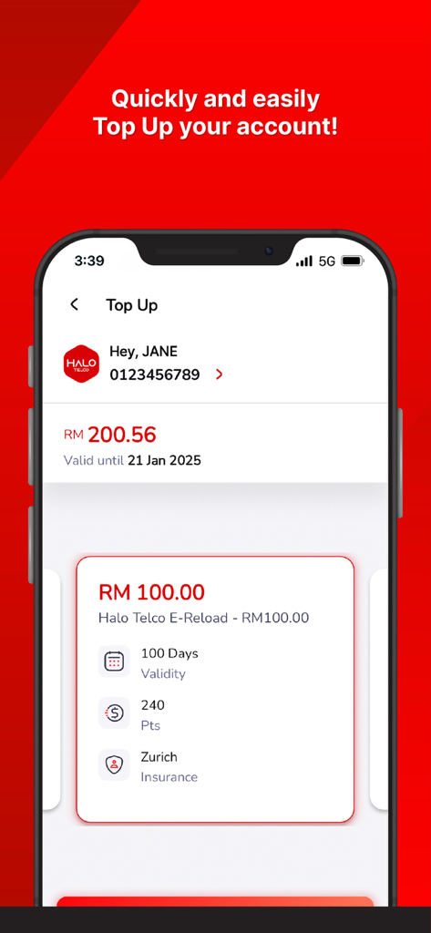 Halo Telco App Aufladebildschirm mit Kontostand und Guthabenaufladung.