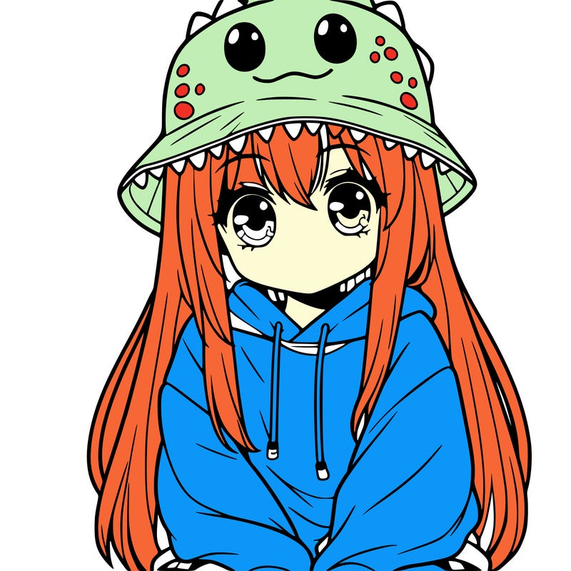 girl with anime shaped eyes with a dinosaur bucket hat oversized sweatshirt long straight hair