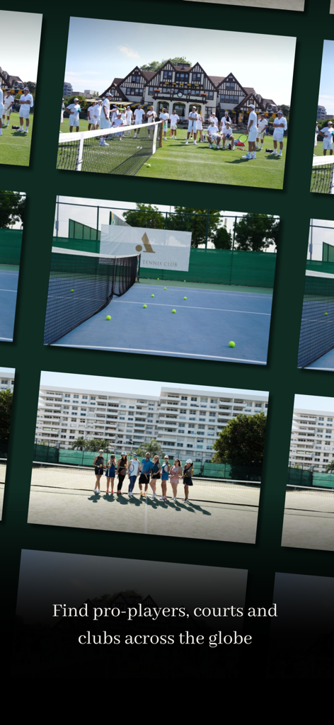 Collage mit exklusiven Tennisclubs, Profispielern und Plätzen weltweit