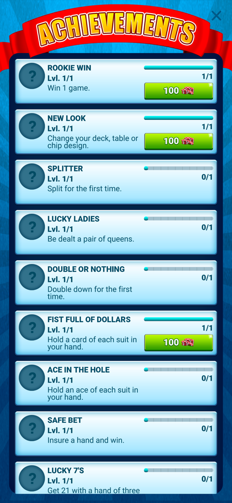 Blackjack 21! - Casino Games - Lista de conquistas no jogo no Blackjack 21 mostrando marcos do jogador e recompensas em fichas.