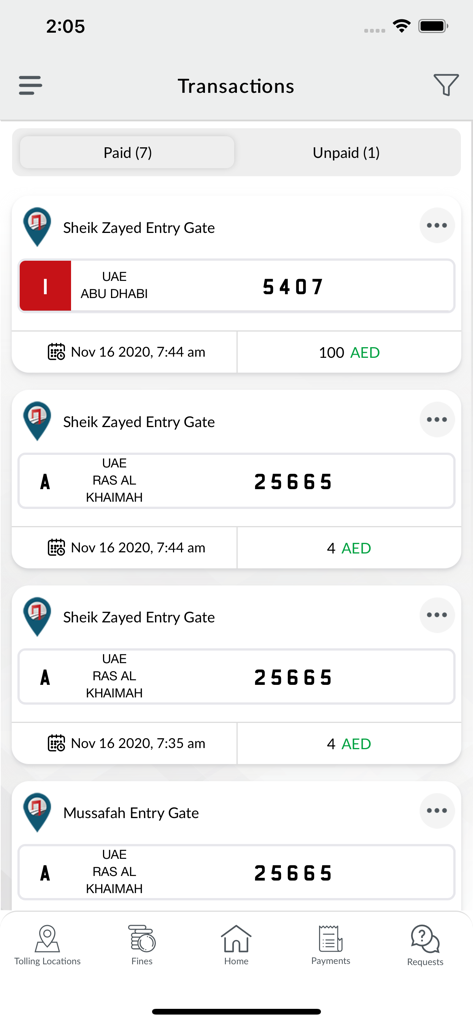 DARB - Cronologia delle transazioni dell'app DARB che mostra le voci dei caselli di pedaggio di Abu Dhabi e i pagamenti.