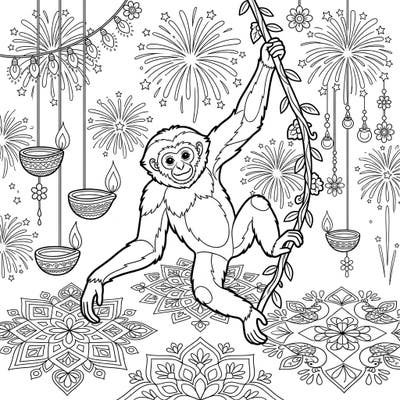 Immerse yourself in the vibrant spirit of Diwali with this unique coloring page featuring a cheerful gibbon. This delightful design combines the agility of a gibbon with traditional festive elements like diyas and rangoli, perfect for all ages.