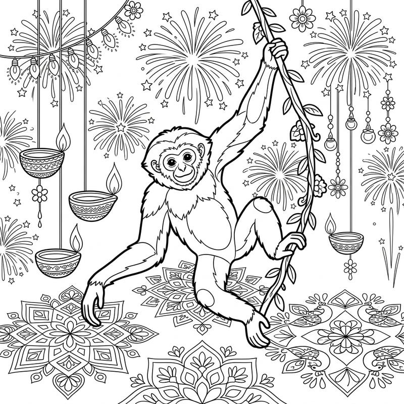 Immerse yourself in the vibrant spirit of Diwali with this unique coloring page featuring a cheerful gibbon. This delightful design combines the agility of a gibbon with traditional festive elements like diyas and rangoli, perfect for all ages.