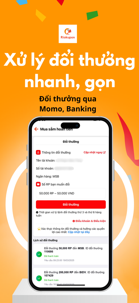 Riokupon : Cashback & Reward - Riokupon app interface showing reward redemption and bank transfer options