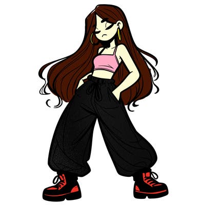 girl in baggy pants crop top and long hair