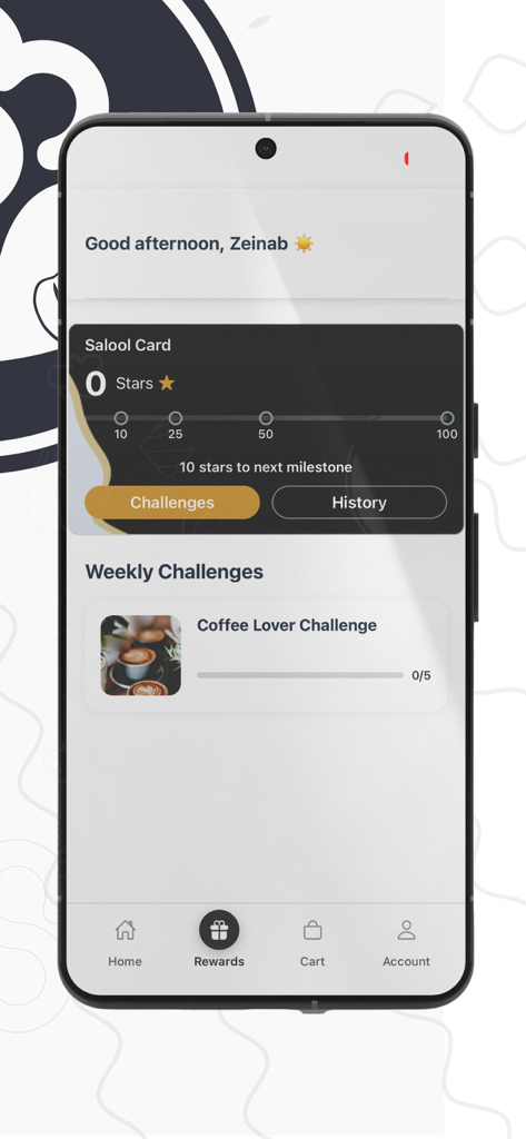 Salool Cafe - Salool Cafe mobile app rewards screen showing loyalty points and weekly coffee challenges