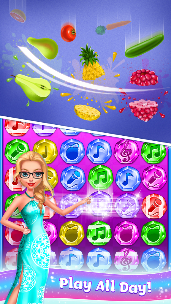Game Islands - Play All Day - Split screen showing fruit slicing and musical match three puzzle games in Game Islands.