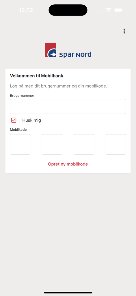 Interface de login do aplicativo de mobile banking empresarial Spar Nord Erhverv, com campos para número de usuário e código PIN móvel.