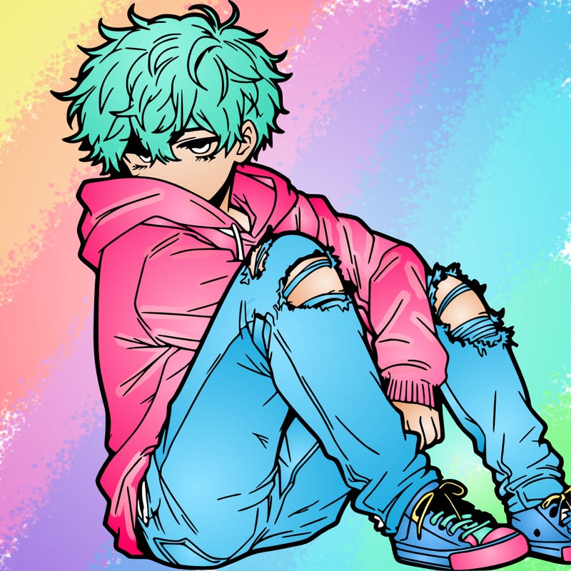 a male hoddie ripped jeans messy hair anime