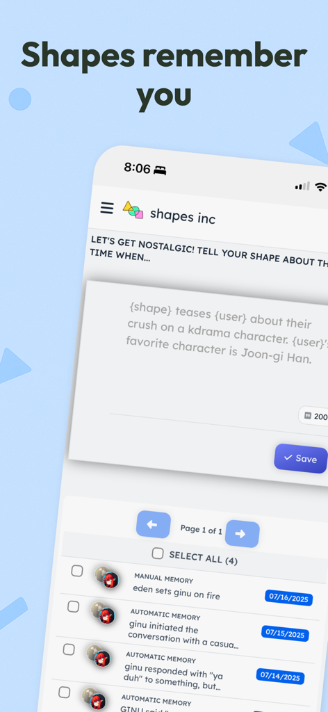 shapes inc: groupchats with ai - Interfaz de la aplicación Shapes Inc que muestra registros de memoria persistentes de IA e historial de conversaciones.